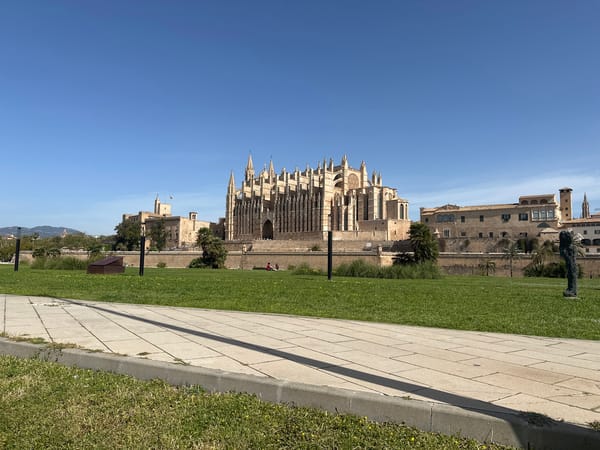 Morning traffic flows past cathedral in Palma de Mallorca