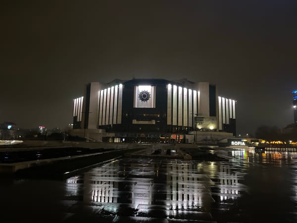 Evening scenes around Sofia's National Palace of Culture district