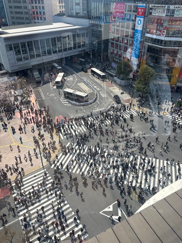 Pedestrians cross bustling Shibuya intersection in early morning hours