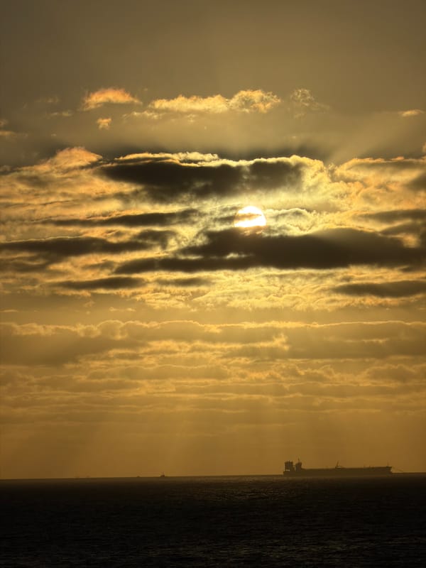 Dramatic Gulf sunset with ship silhouette captured by witnesses