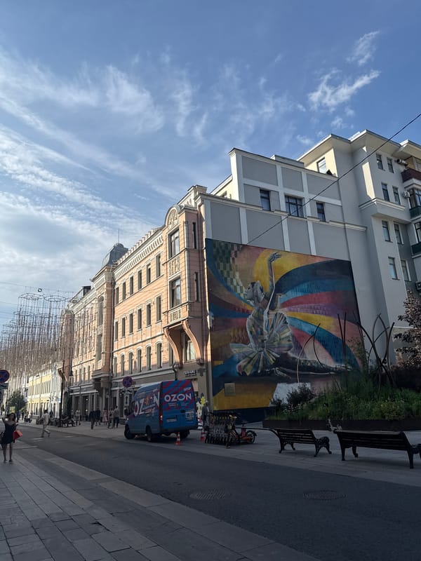 Moscow street art, architecture, and dining scene on a summer afternoon
