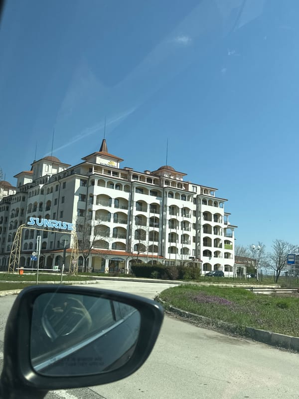 Building with SUNRISE sign photographed in Obzor, Bulgaria