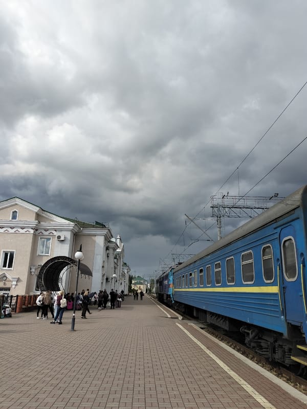 Blue train stops at station platform under cloudy skies