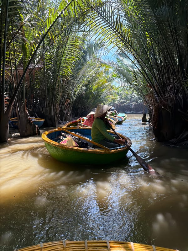 Traditional basket boat tour through Vietnamese coconut forest waterways