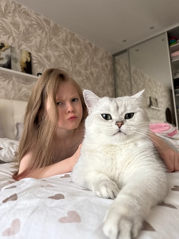 Child cuddles with gray cat during quiet morning in Izhevsk