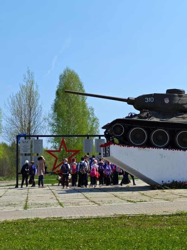 Morning activities around war memorial in Марковский, Russia documented