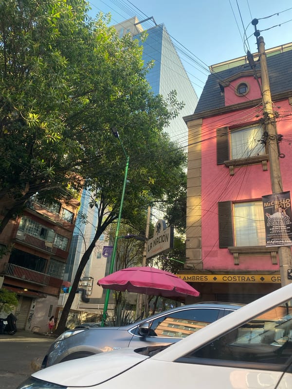 Urban street scene photographed in Spanish-speaking area