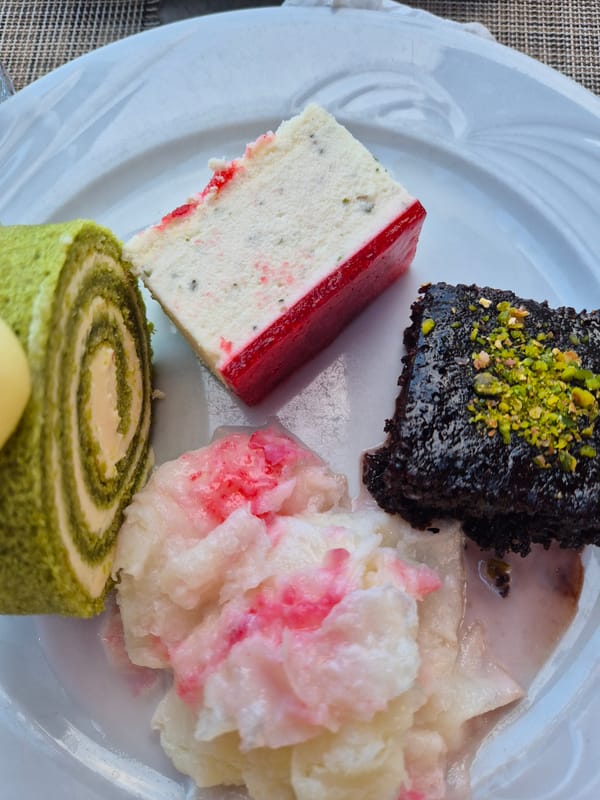 Dessert plate close-ups: chocolate cake, green tea swiss roll