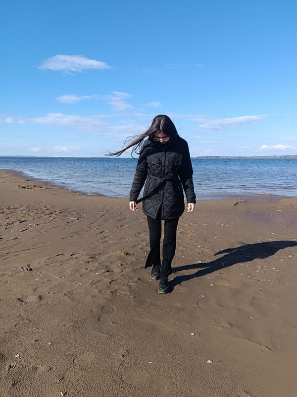 Woman walks sandy beach under blue skies