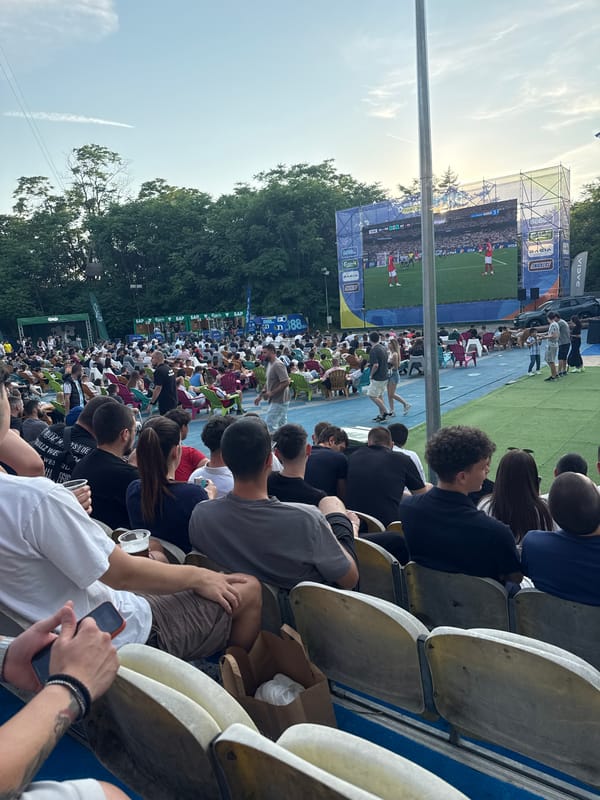 Outdoor soccer screening and street scenes from an afternoon out