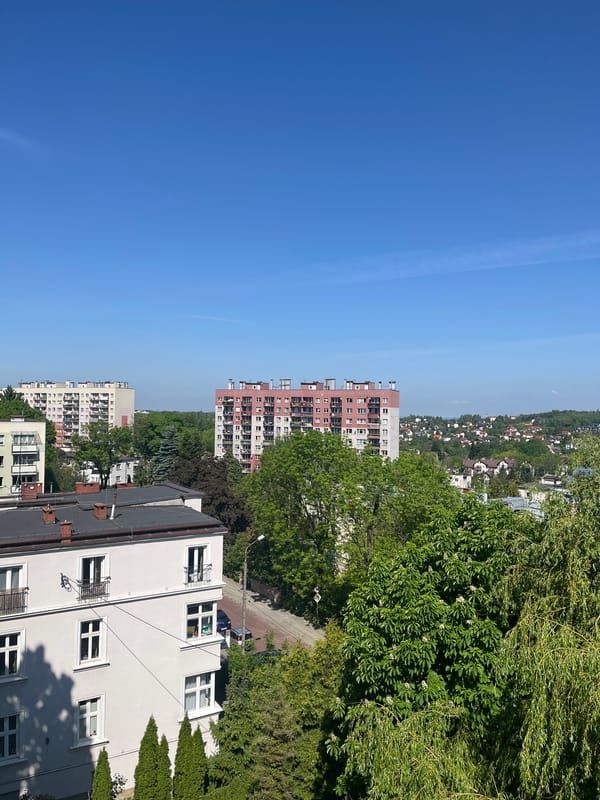 Morning breakfast and cityscape views documented from urban balcony