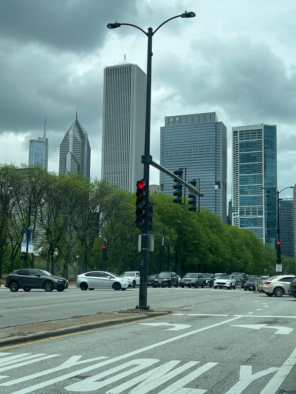 Overcast evening captures Chicago skyline with obscured skyscrapers