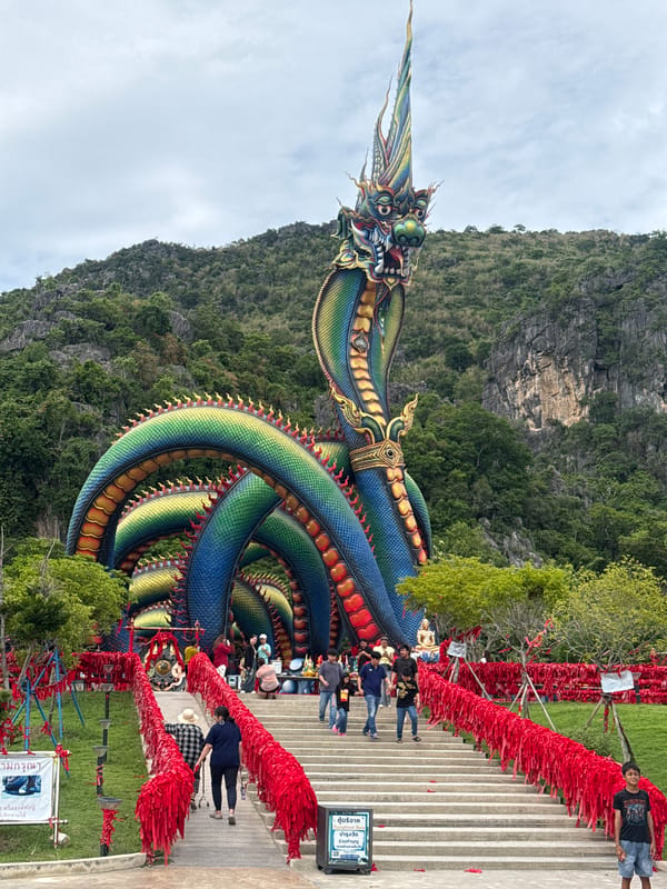 Giant Naga sculpture complex draws visitors in Cha-am, Thailand