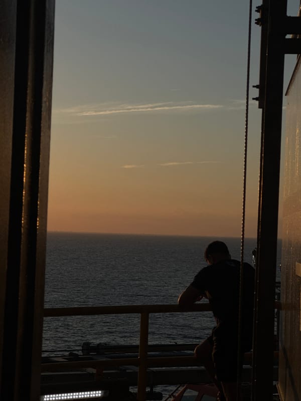 Man watches ships at sea during sunset on Italian coast