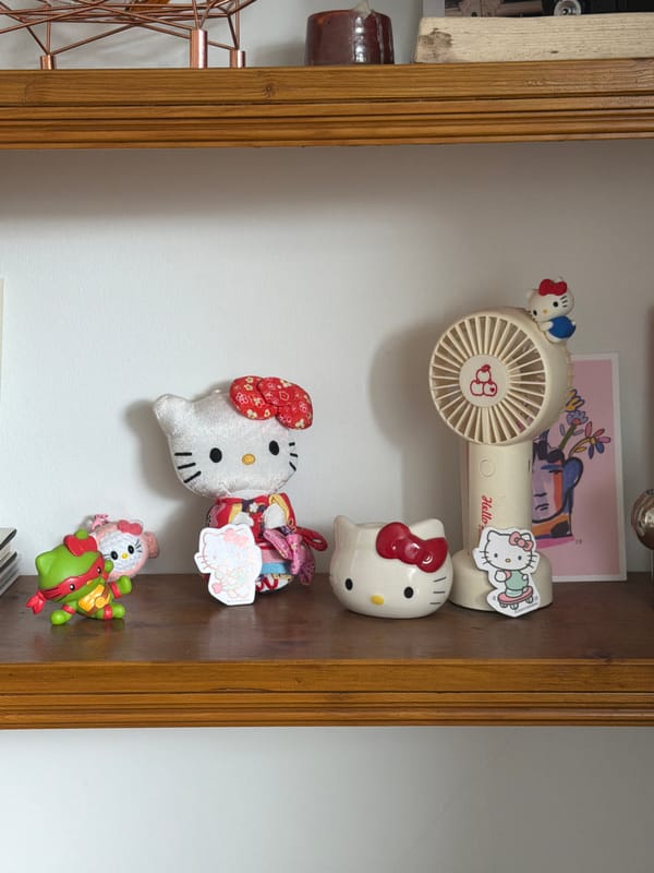 Hello Kitty items displayed in wooden frame, UK