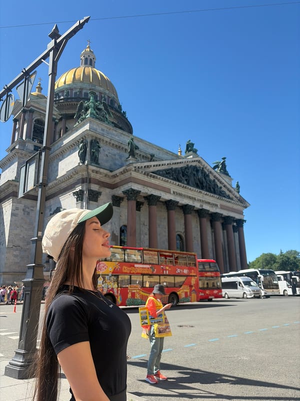 Street-level summer morning around Saint Isaac's Cathedral, St. Petersburg