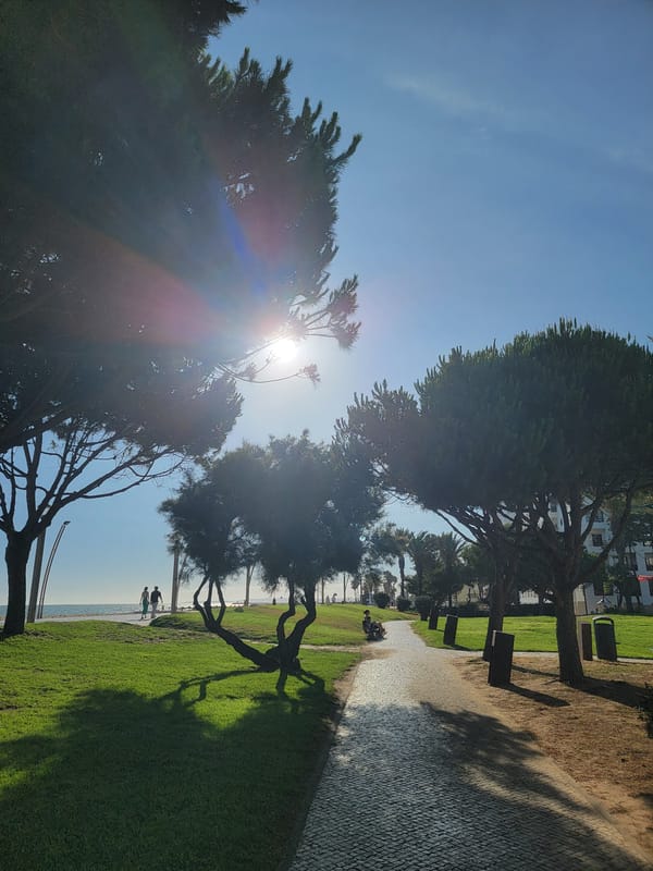 Sunny afternoon on Quarteira's beach, promenade, and coastal gardens