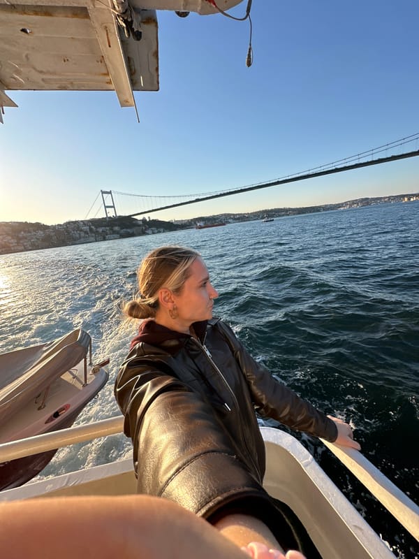 Woman takes selfies on Bosphorus boat ride near Istanbul