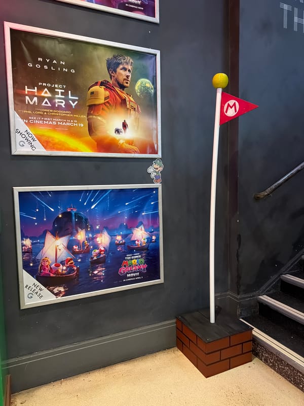 Cinema visit documented in London with movie posters, snacks