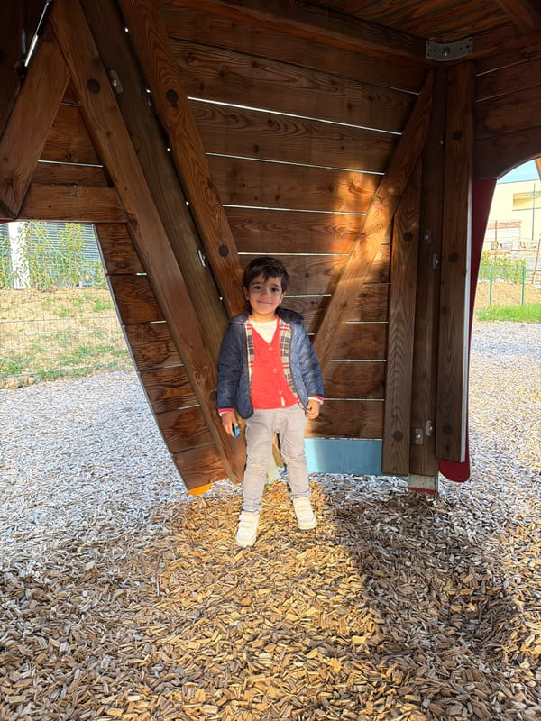 Child plays at wooden playground in Junglinster, Luxembourg