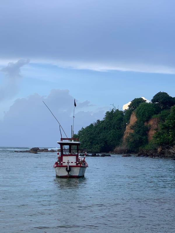 Colorful fishing boats rest in calm Mirissa waters overnight