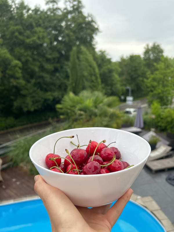 Person holds bowl of cherries poolside in garden setting