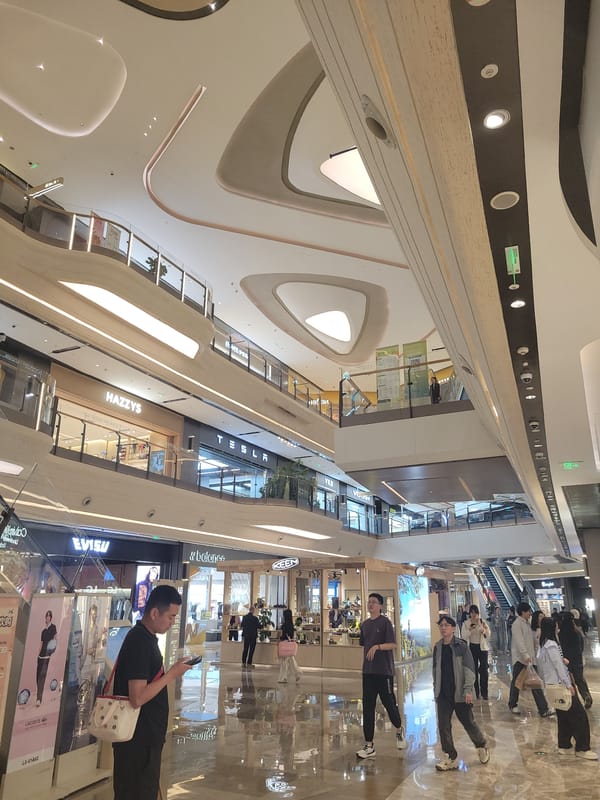 Shoppers browse multi-level mall in Liangjiang, China