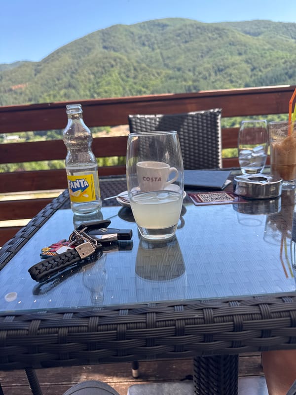 Patio drinks with a mountain view in rural Bulgaria