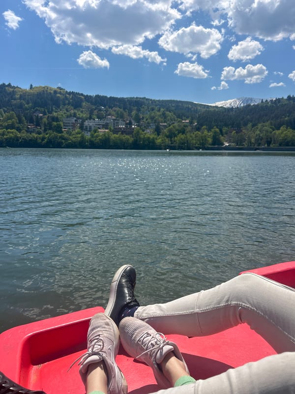 Red pedal boat spotted on calm Lake Pancharevo waters