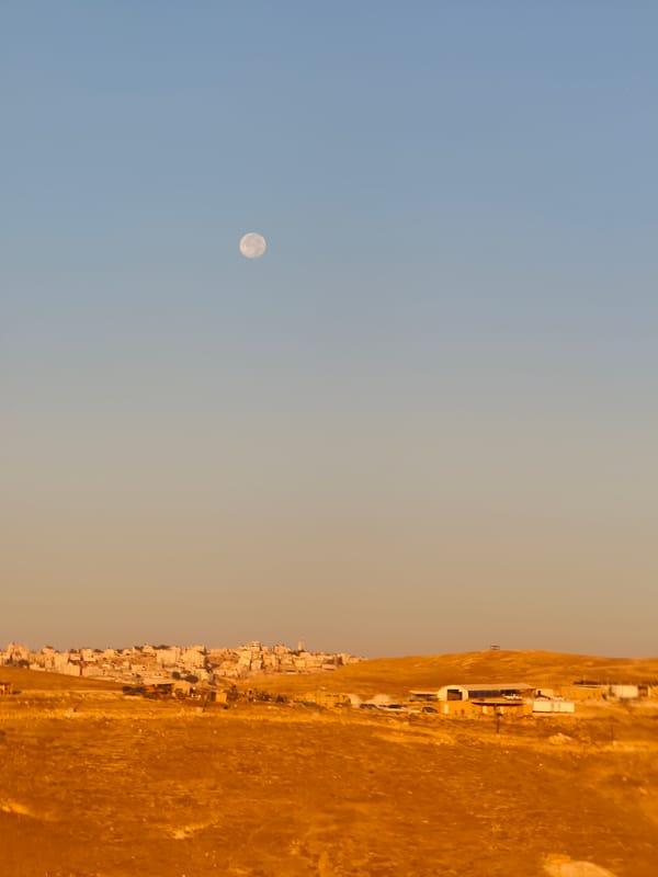 Hiking through arid West Bank hills near a hillside settlement