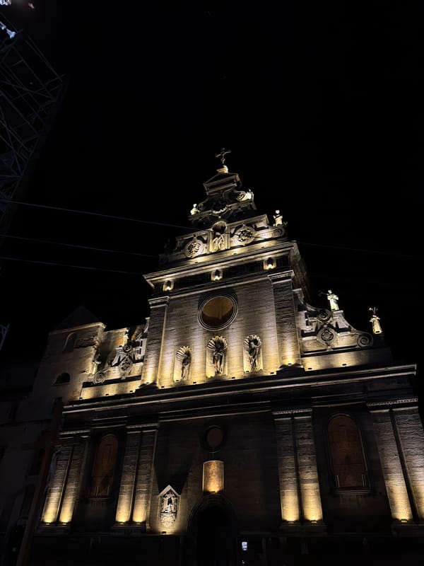 Lviv's historic churches and streets after dark