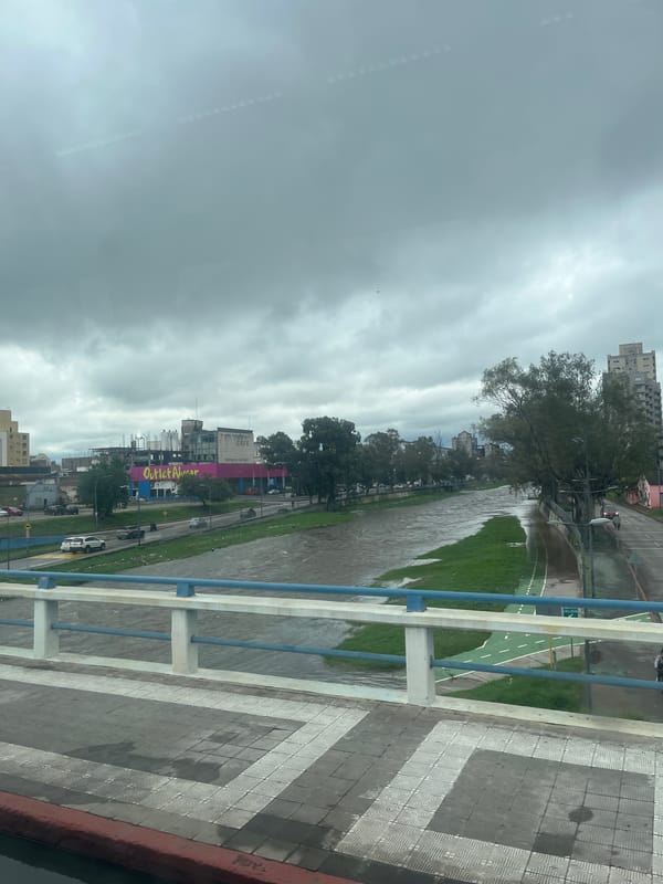 Swollen Rio Primero observed from bridge in Córdoba, Argentina