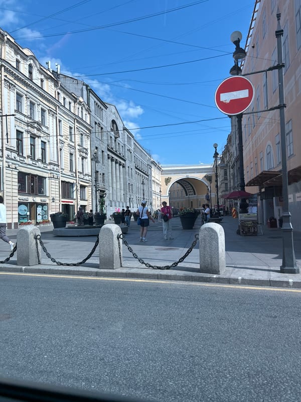 Street-level look down Nevsky Prospekt near General Staff Building