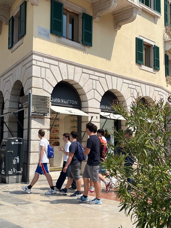 Morning tourist activity documented in central Verona shopping district