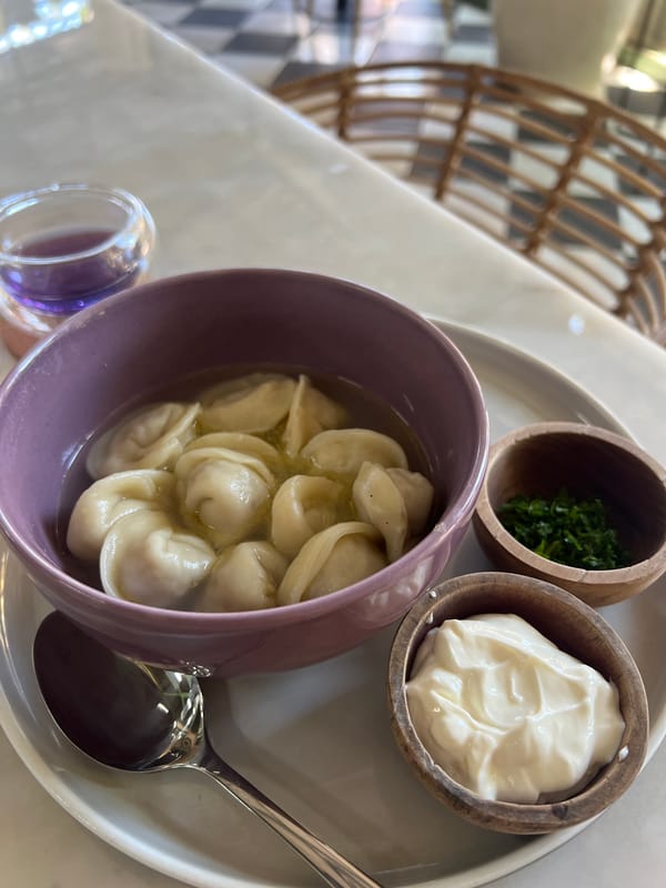 Diner enjoys dumpling meal with laptop in Sukawati