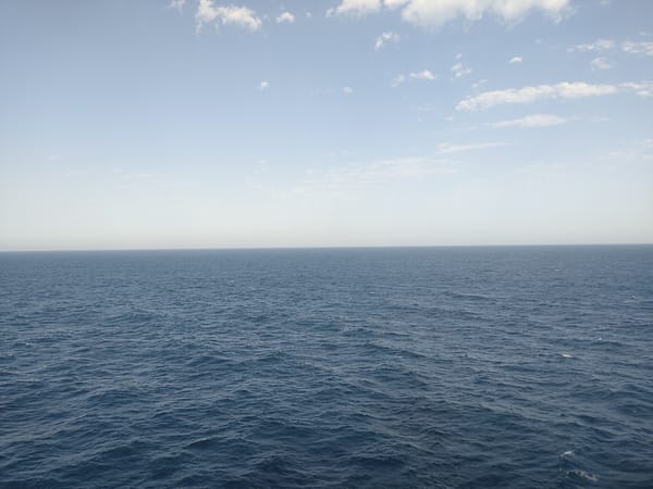 Offshore platform life: open ocean views and deck signage