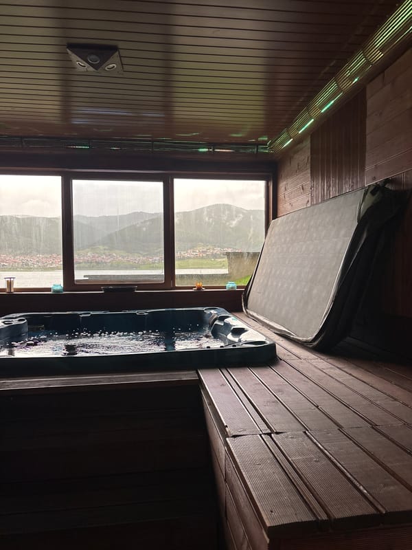 Indoor wooden hot tub enclosure documented by witness