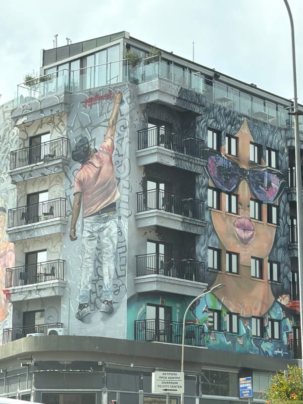 Multi-story mural with stylized face spotted in Larnaca