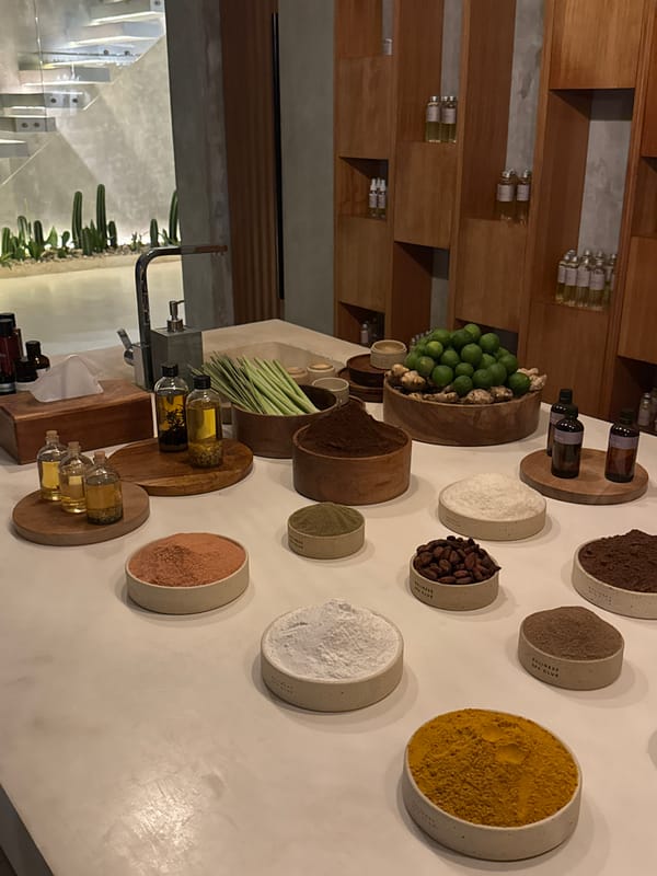 Natural spa ingredients displayed at Tibubeneng facility