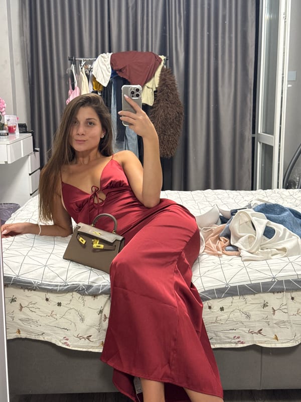 Getting ready in Burgas: red satin dress, multiple mirror checks