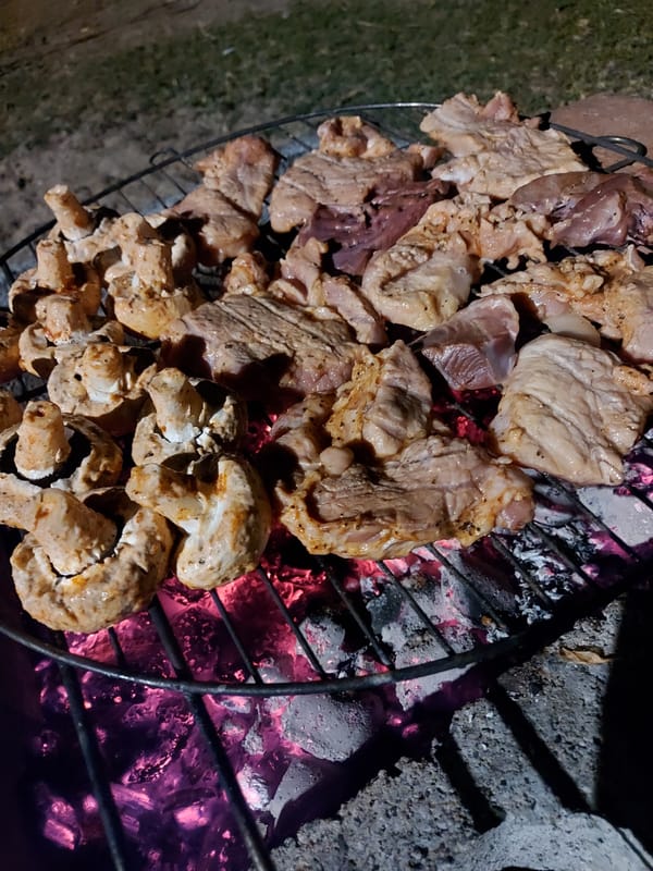 Meat and mushrooms grilling over open fire at night