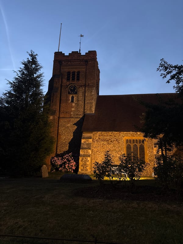 Chelmsford churchyard at twilight, July evening