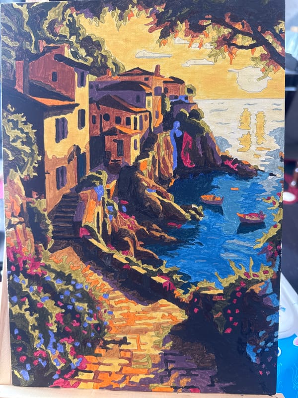 Landscape painting with geometric buildings observed in Varna