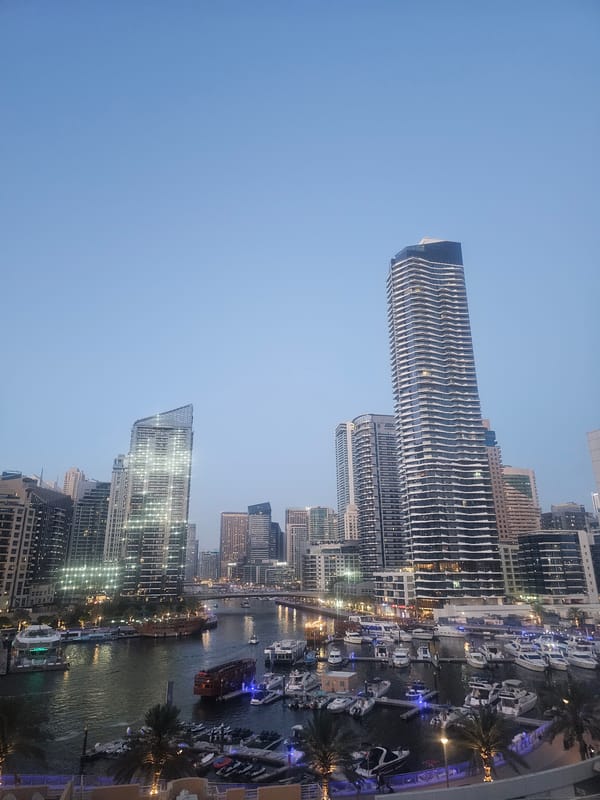 Dubai waterfront skyline captured during evening hours
