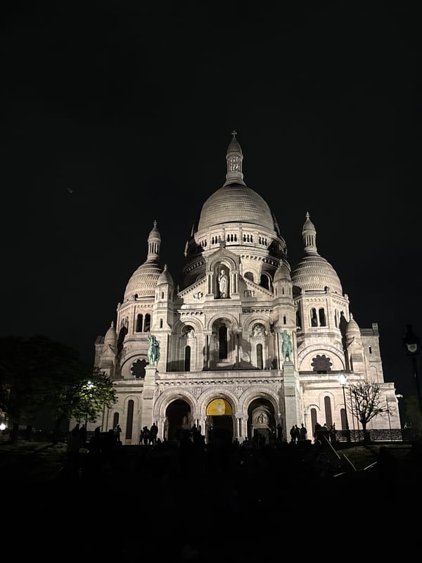 Night scenes captured around illuminated Sacré-Cœur Basilica in Montmartre