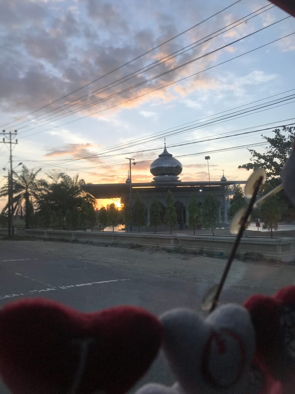 Cityscape photographed through decorated vehicle window in Indonesia