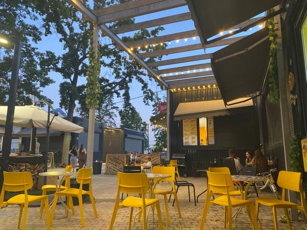 Krasnodar outdoor dining strip lights up at dusk