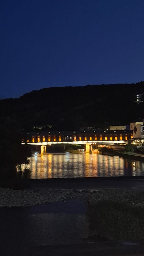 Evening on Lovech's illuminated covered bridge over the Osam River