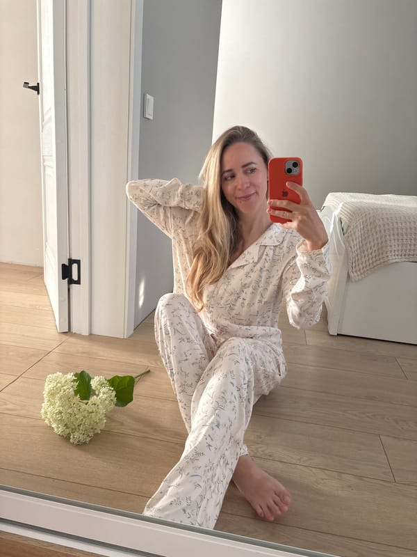 Pajama selfies with white hydrangeas in a Chaikovsky bedroom
