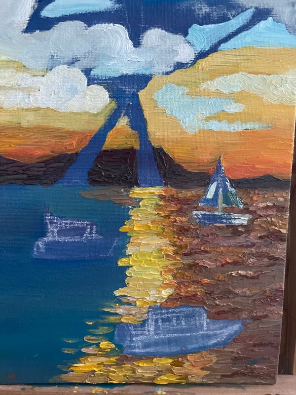 Artist works on impressionistic waterscape painting in Maidstone